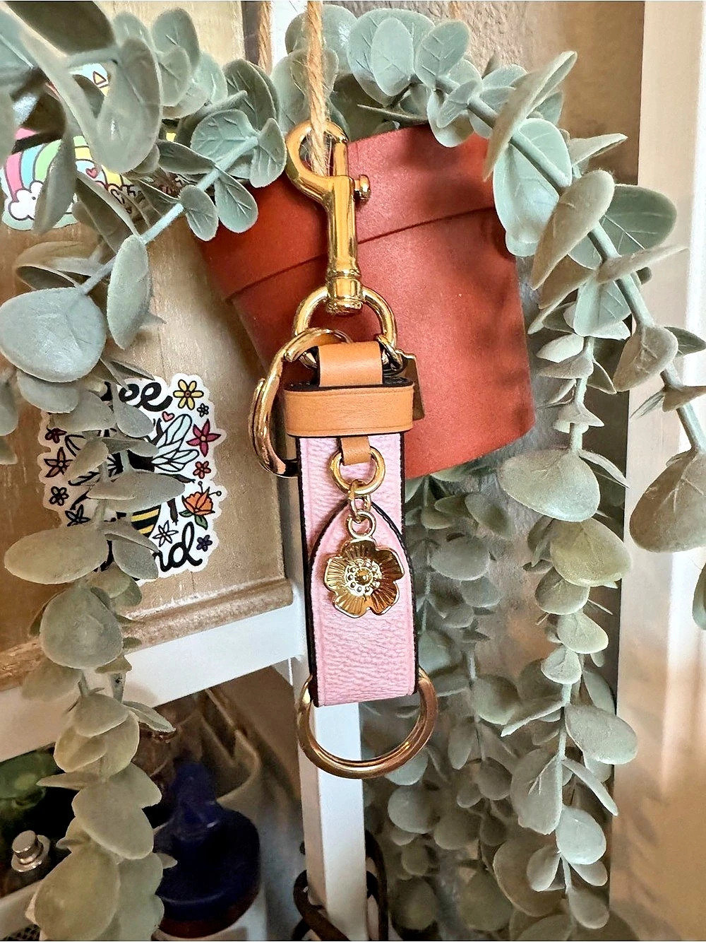 Coach Loop Bag Charm with Flower Charm Pink & Brown